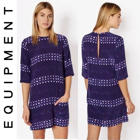 EQUIPMENT Femme Aubrey Pattern Ultra Marine 100% Silk Shift Dress Boho Size S - Picture 2 of 12